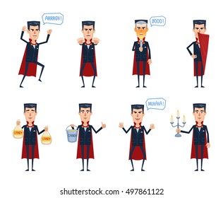 Set of Halloween vampire characters posing in different situations. Cheerful vampire holding candy bag, bucket, candlestick, flashlight, frightening. Flat style vector illustration