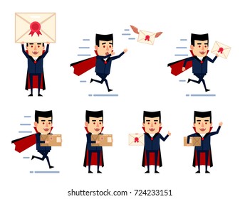 Set of halloween vampire characters posing with letter and parcel box in various situations. Funny vampire holding letter, running and showing other actions. Flat style vector illustration