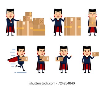 Set of halloween vampire characters posing with parcel box in various situations. Funny vampire holding package, running, showing thumb up gesture and other actions. Flat style vector illustration