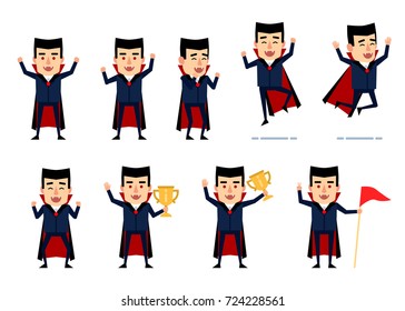 Set of halloween vampire characters showing various success poses. Funny vampire celebrating, holding golden cup, jumping and showing other actions. Flat style vector illustration