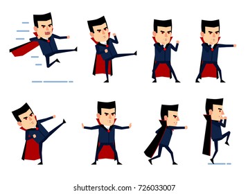 Set of halloween vampire characters showing various fight actions. Vampire shows different punches and kicks, jumps and shows other actions.. Flat style vector illustration