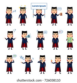 Set of halloween vampire characters showing different actions. Funny vampire sleeping, thinking, holding map, loudspeaker and showing other actions. Flat style vector illustration