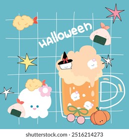 set Halloween, Vários tipos de sorvete de Halloween, arroz, cerveja, sushi, flor, vetor de Halloween, fantasma feliz,
