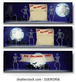 Set of Halloween vector banners with skeletons, big full moon and space for text.