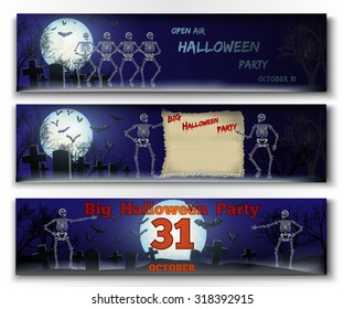 Set of Halloween vector banners with skeletons, big full moon and space for text.