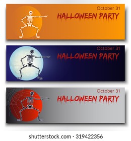 Set of Halloween vector banners with skeletons and space for invitation to Halloween party.