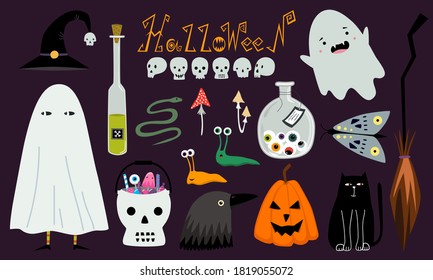 Set of Halloween vector clip art. Black cat, spooky lettering, pumpkin, skull, potion, raven, ghost, trick or treat bucket, moth, broom, witch hat. Vector isolated design elements. Cartoon flat design