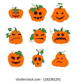 Set of Halloween vector icons with funny faces. Simple orange pumpkins with vines and leaves isolated on white background. Different shapes. Autumn holidays.