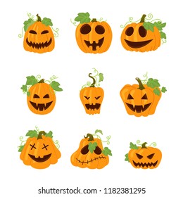 Set of Halloween vector icons with funny faces. Simple yellow pumpkins with vines and leaves isolated on white background. Different shapes. Autumn holidays.