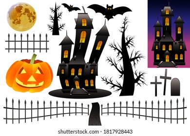 Set of Halloween vector icons, isolated on white background. Pumpkin, haunted house, bats and fences.