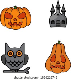 Set of Halloween Vector Icons. Pumpkin, Castle, owl Icons Halloween