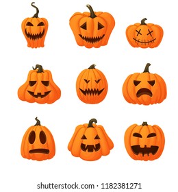 Set of Halloween vector icons. Ripe orange pumpkins with funny faces isolated on white background. Different shapes. Autumn holidays.