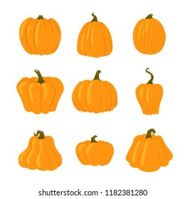 Set of Halloween vector icons. Simple yellow pumpkins isolated on white background. Different shapes. Autumn holidays.