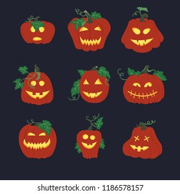 Set of Halloween vector icons. Simple orange pumpkins illuminated from the inside with vines and green leaves with serrated edges. Different shapes and faces.