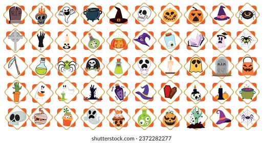 set of halloween vector icons with white background and yellow lines