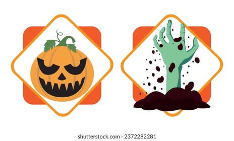 set of halloween vector icons with white background and yellow lines