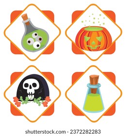 set of halloween vector icons with white background and yellow lines