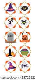 set of halloween vector icons with white background and yellow lines