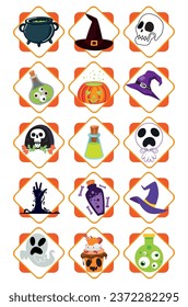 set of halloween vector icons with white background and yellow lines