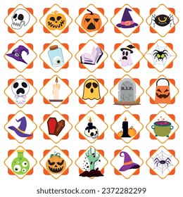 set of halloween vector icons with white background and yellow lines