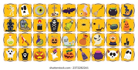 set of halloween vector icons with yellow background