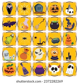 set of halloween vector icons with yellow background