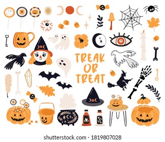 Set of Halloween vector illustration with leaves, pumpkin, witch, candy. Trendy color palette. Cute autumn traditional elements.  Abstract mystical vector illustration.