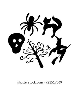 Set of Halloween vector illustration for a party in a modern style. Doodle. Design icon, print, logo, poster, symbol, decor, textile, paper