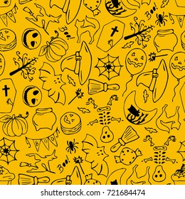 Set of Halloween vector illustration for a party in a modern style. Doodle. Design icon, print, logo, poster, symbol, decor, textile, paper