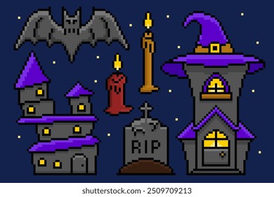 Set of Halloween Vector Illustration in Pixel Style. Bat, candle, creepy castle, tombstone