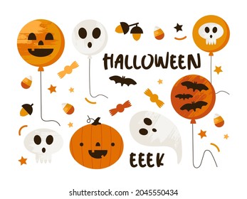 Set of Halloween vector illustration with pumpkin, balloon, candy. Trendy color palette. Cute autumn traditional elements.  Abstract mystical vector illustration.