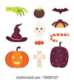 Set Halloween vector illustrations in cartoon style. Funny pumpkin, skeleton, zombie.
