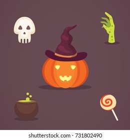 Set Halloween vector illustrations in cartoon style. Funny pumpkin, skeleton, zombie.