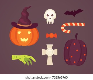 Set Halloween vector illustrations in cartoon style. Funny pumpkin, skeleton, zombie.