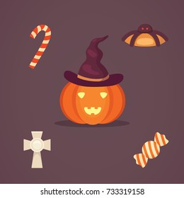 Set Halloween vector illustrations in cartoon style. Funny pumpkin, skeleton, zombie.