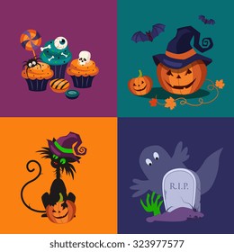 Set of halloween vector illustrations with a cat, tomb, pumpkin and traditional sweets