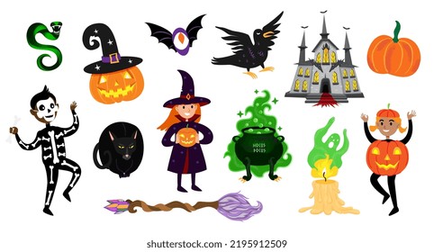 Set of Halloween vector illustrations. Cute kids Halloween characters festive costumes and themed holiday items. Pumpkin, witch, cauldron, skeleton. Halloween stickers collection in cartoon flat style