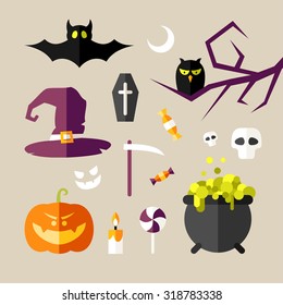 Set of Halloween Vector Illustrations and Decorative Elements. Pumpkin, Skull, Bone, Hand, Grave, Candle, Moon, Ghost