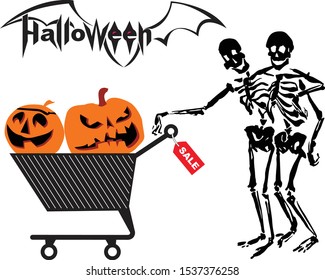 Set of Halloween vector illustrations (embracing skeletons, sign Halloween party, shopping cart, jack lantern) Isolated on white background.