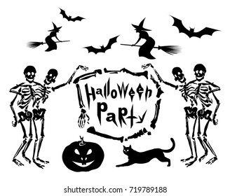 Set of Halloween vector illustrations (embracing skeletons, frame made of bones, sign Halloween party, bat, witch on broomstick, cat, jack lantern). Isolated on white background. 