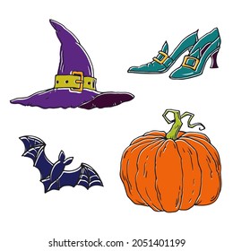 Set of Halloween vector illustrations in vintage style: witch hat, shoes, bat and pumpkin.