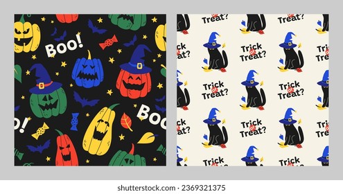 Set of Halloween vector pattern with pumpkins and cats. Template for holiday textiles, packaging, digital design.