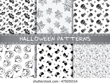 Set of halloween vector patterns. Endless monochrome halloween textures for wallpaper, pattern fills, web page,background, surface, textile, scrapbooking.