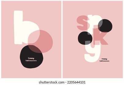 Set of Halloween Vector Posters. White, Black and Gray Handwritten Letters Isolated on a Pink Background. Cool Simple Halloween Prints with "Boo" and "Spooky" ideal for Card, Wall Art, Invitation.