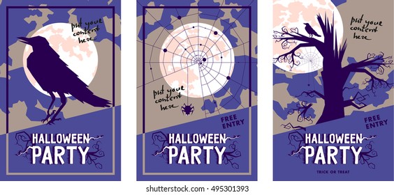 Set of Halloween vector print or web poster template illustration of invitation. Halloween party. Full moon an clouds background with crow and broken tree. Title message