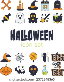 Set of Halloween vector. Pumpkin, skull, witch hat, spider, ghost, bat, broom, trick or treat typography, potion, witch's cauldron, moon vector icons. Halloween typography and vector set