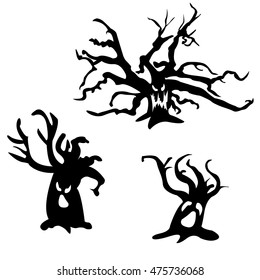 Set of halloween vector scary trees. Black illustration. Ghost face