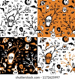 Set of halloween vector seamless patterns with owls, ghosts, bats, spiders, skulls and trees.