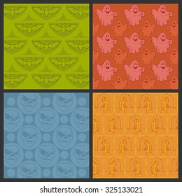 Set of Halloween vector seamless patterns. Bats with red eyes, skulls,  flying ghost,  scythes of death.  Color. Background, gift wrap. 
