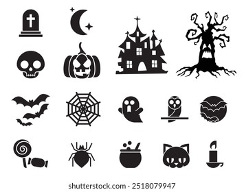 Conjunto de adesivos de vetor de Halloween, abóboras, morcegos, crânios, gatos, corujas, túmulos, aranhas, velas, fantasmas e castelos.